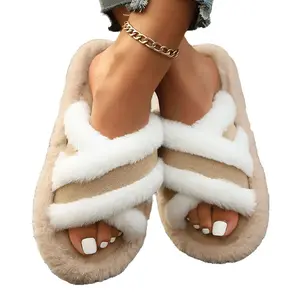 Women's Fuzzy Slippers Cross Band Slides - Soft Plush Warm House Shoes with Arch Support