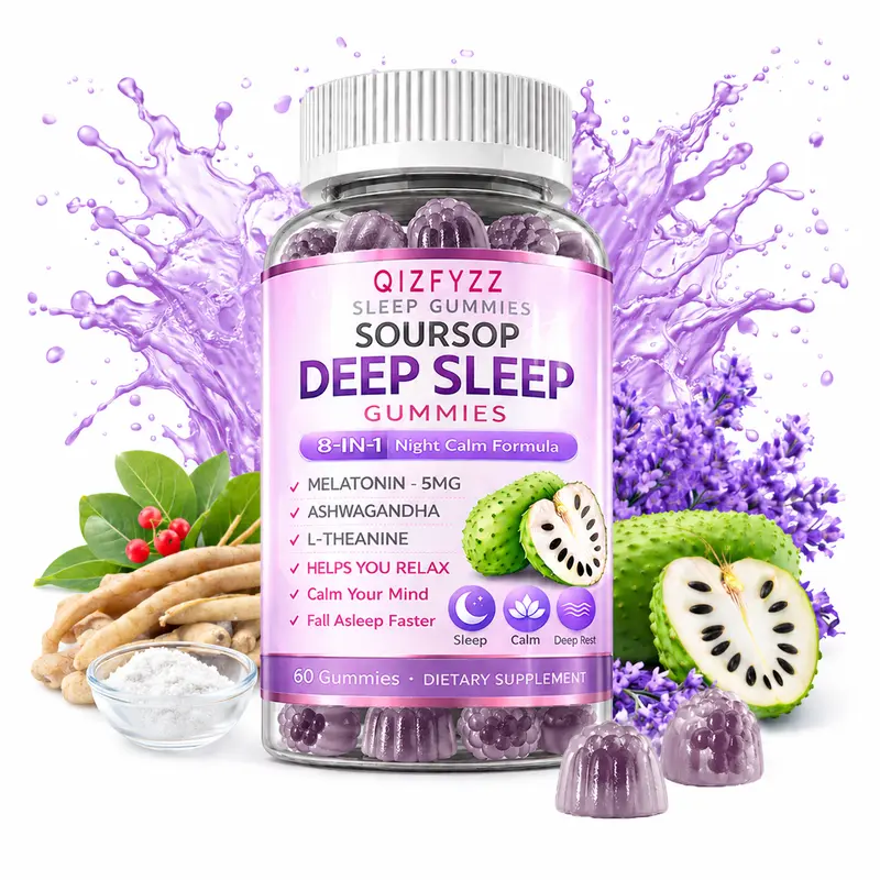 QIZFYZZ 8-in-1 Soursop Bitters Chewable Gummies - Melatonin, Ashwagandha, L-Theanine Relax, Natural Calm & Sleep Support Vitamins Supplements, Stress Relief Deep Sleep Vegan Non-GMO Aid, 60 Pieces