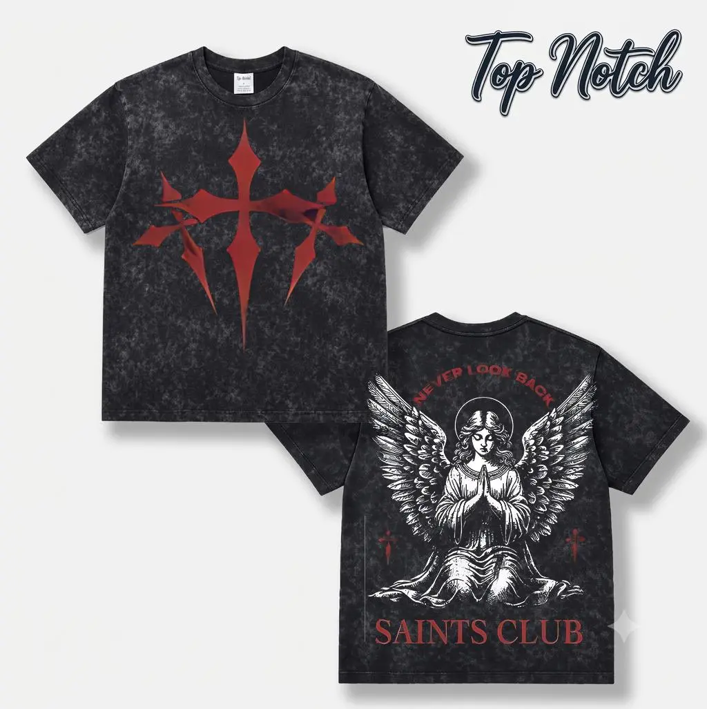 Unisex Vintage Acid Wash Saints Club T-Shirt - Gothic Religious Angel Cross, Never Look Back Prayer Graphic, Distressed Oversized Washed Black Short Sleeve Streetwear Top For Men Women