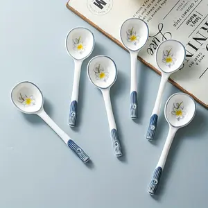 One/6, Ceramic Dessert Spoon, Soup Spoon, Creative Milk Spoon, Noodles Spoon, Salad Stirring Spoon, Ceramic Long Handle Spoon, Lovely Pattern Coffee Spoon, Family Restaurant Tableware