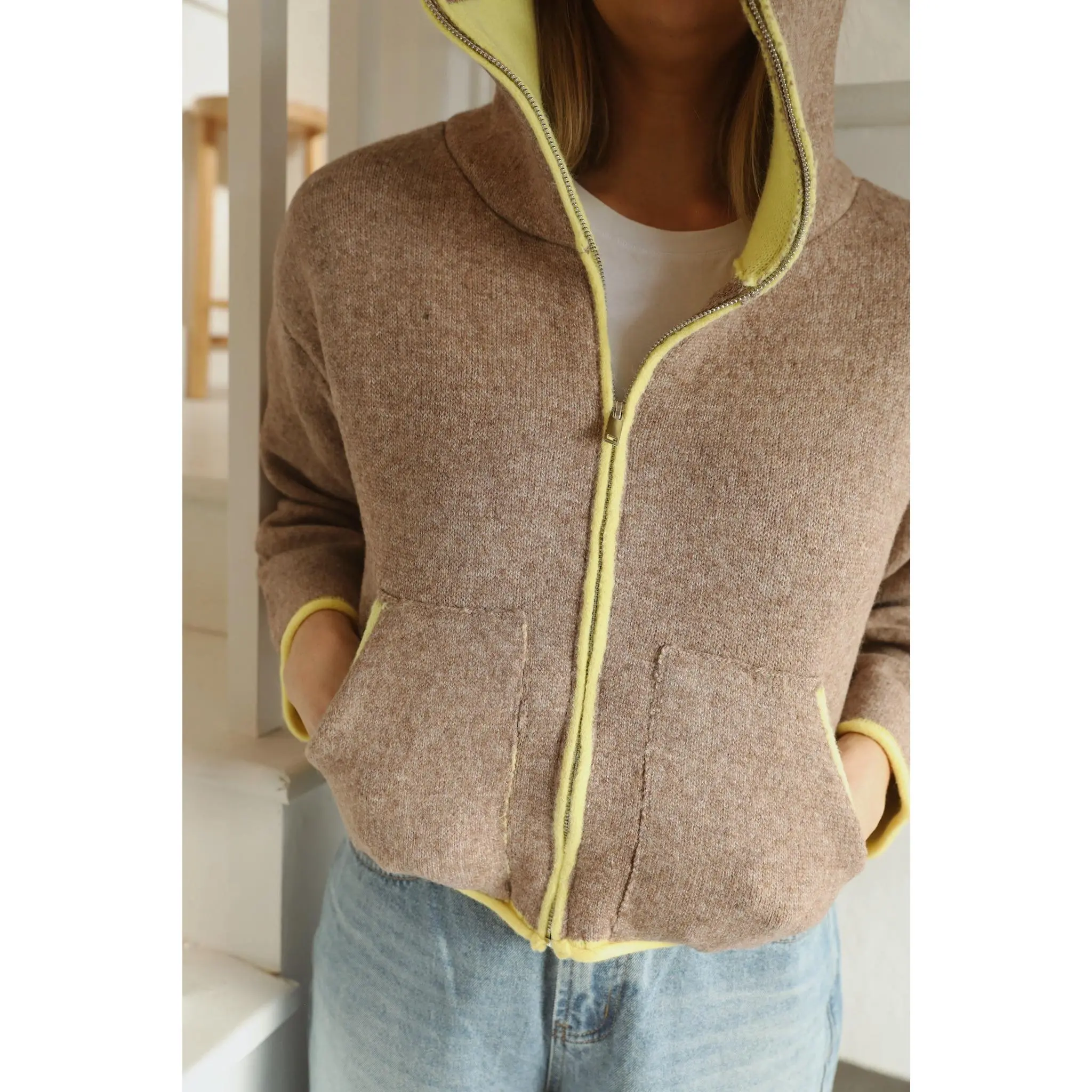 Rae: Two Tone Yellow Mock Neck Zip Up