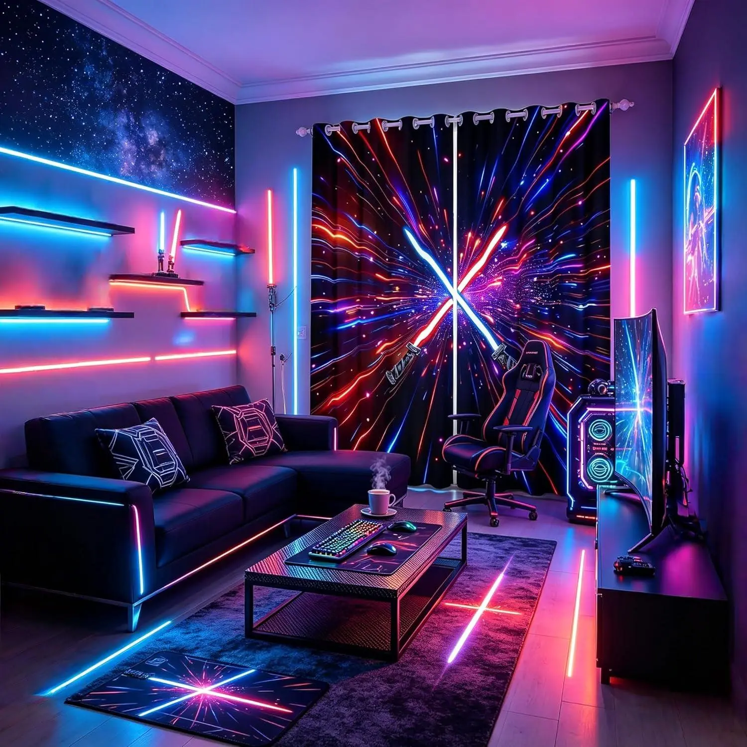 Lightsaber Window Curtain,Neon Light Starry Galaxy Universe Window Drapes for Girls Boys,Colorful Stars Fireworks Print Window Treatment Curtains for Living Room