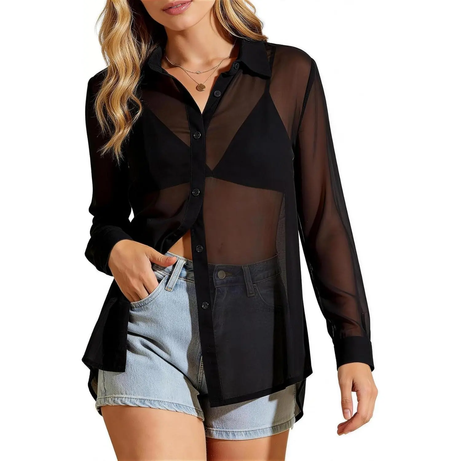 Women's Sheer Mesh Shirt, Sexy Oversize Button-Up Collared Long Sleeve Top for Layering Outfits and Going Out, Baggy, Shirts, Longsleeves, Button Front, See-Through, Blouse, Basic, Ootd Ideas, Hand Wash Only, Lightweight, Loose-Fitting, Plain