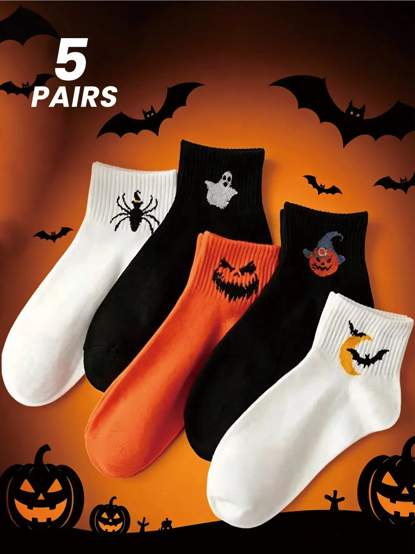 5 Pairs Halloween Cartoon Print Ankle Socks Unisex Soft Breathable Stretchy Comfort Socks Trendy Spooky Pattern Casual Daily Wear Halloween Party Cosplay Holiday Outfit Festive Foot Accessories For Men Women Teens