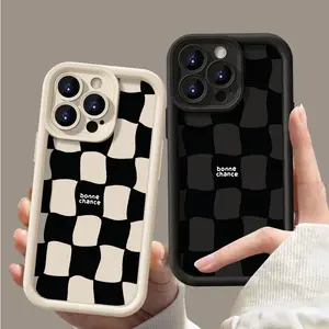 Black Grid Pattern Case for iPhone 16 Pro Max 15 Plus 14 13 12 11 XR XS Shockproof Drop Back Protection Durable PC Smartphone Stylish Simple Cover