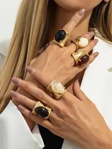 Bohemian Geometric Oval Resin Inlay Fashion Open Ring, Elegant Casual Party Wedding Holiday Gift, Versatile Metal Faux Jewelry Ring, Boho Style Rings