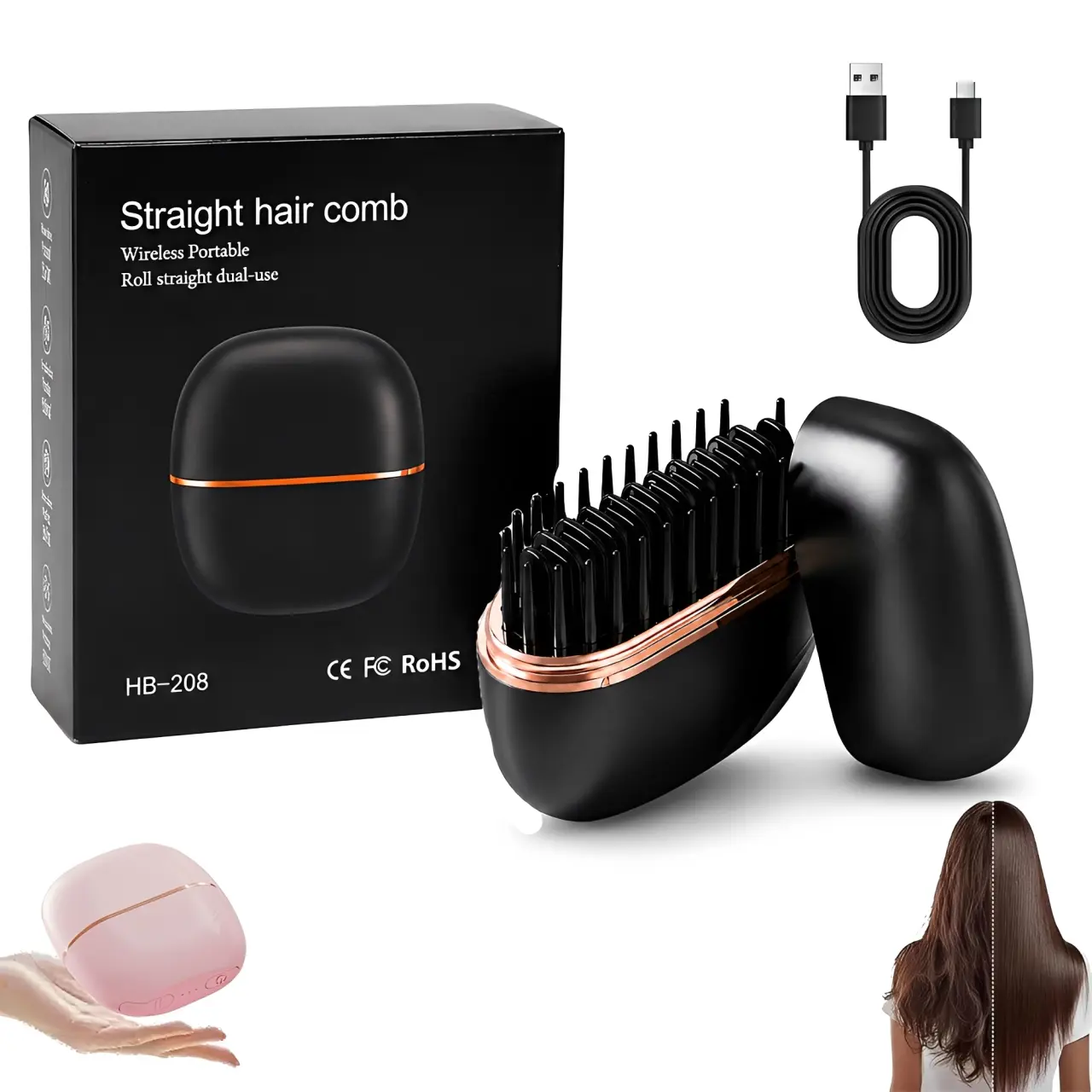 Cordless Mini Hair Straightener, 3-in-1 Heated Comb & Iron with 3 Temperature Settings, USB-C Rechargeable Styling Tool for Travel & Straightening Curly Hair, Batteries, 1 × Mini Cordless Hair Straightener