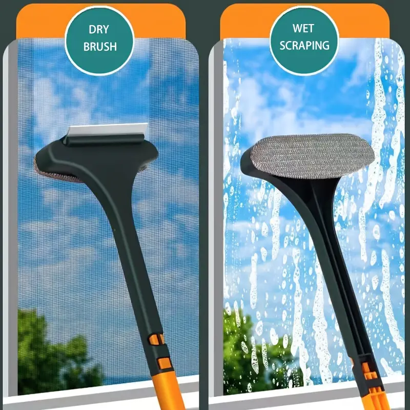 2-in-1 Dual-Use Double-Sided Window Cleaning Brush with Rectangular Head, Scraper, Plastic Long Handle & Wet-Dry Clean Function, Household Home Care Squeegee Supply, Ideal for Christmas Gifting