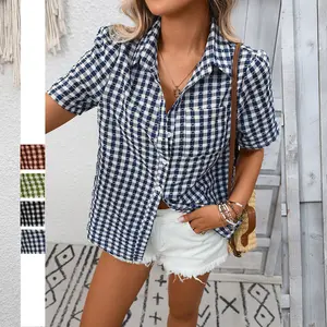 EncoLax Women's Plaid Short Sleeve Button Down Shirt Casual Summer Blouses Tops