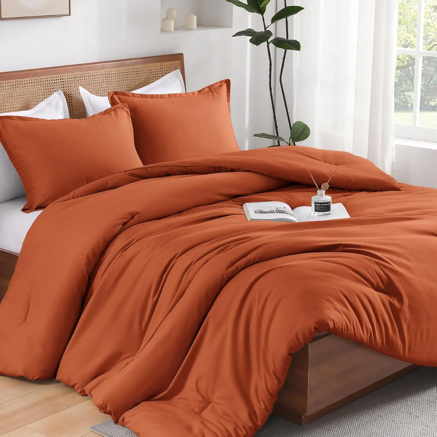 Burnt Orange Twin Size Comforter, Terracotta Comforter 2, Lightweight Fluffy Comforter for, (1 Boho Comforter  1 Pillowcase)