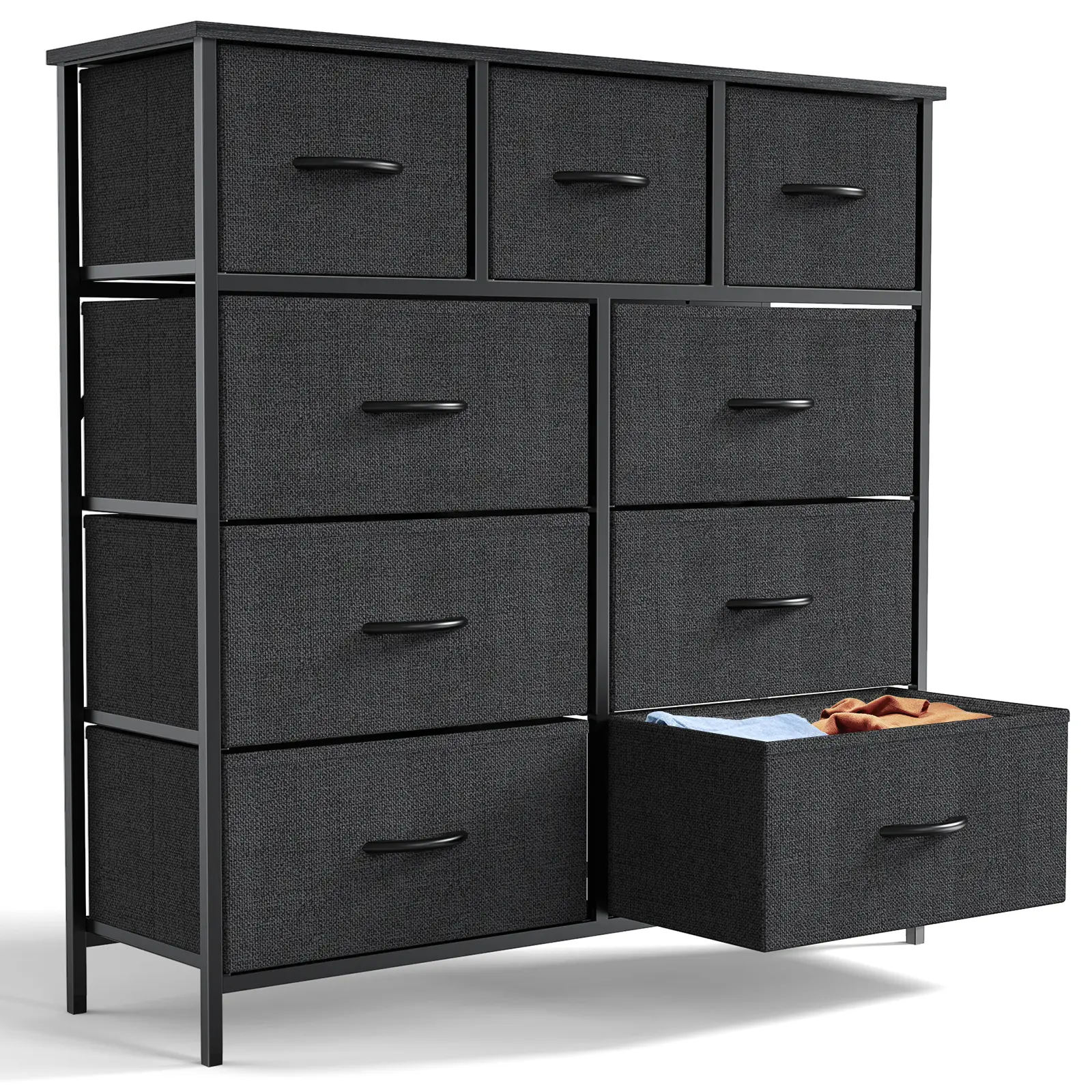 Black 9-Drawer Dresser with Wood Top and 5 & 7 Drawers, Steel Frame for Bedroom, Hallway, Living Room, Closet & Dorm Furniture Cabinets Springtok Organizational Multifunction Organizing storage cabinets drawer dresser