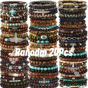 20Pcs Random Vintage Bohemian-style Handmade Wooden Beaded Bracelets, Featuring A Mix Of Colours, Feathers, Crosses, Wooden Designs-perfect For Holiday Parties Or As A Gift For Friends.