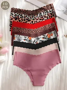 Women's Seamless Triangle Briefs Set, Breathable Seamless Panties, Leopard Print Low Waist Comfortable Underwear, Slim-Fitting All Seasons Panties, 10 Pieces, Seamless Knickers