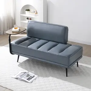 OPUL 55"Inch Width Modern End of Bed Bench, Grey Faux Leather Upholstered With side table, 360-degree Swivel tray couch, Entryway Ottoman, No Handrails, Window Bench with Metal Legs for Bedroom, Living Room