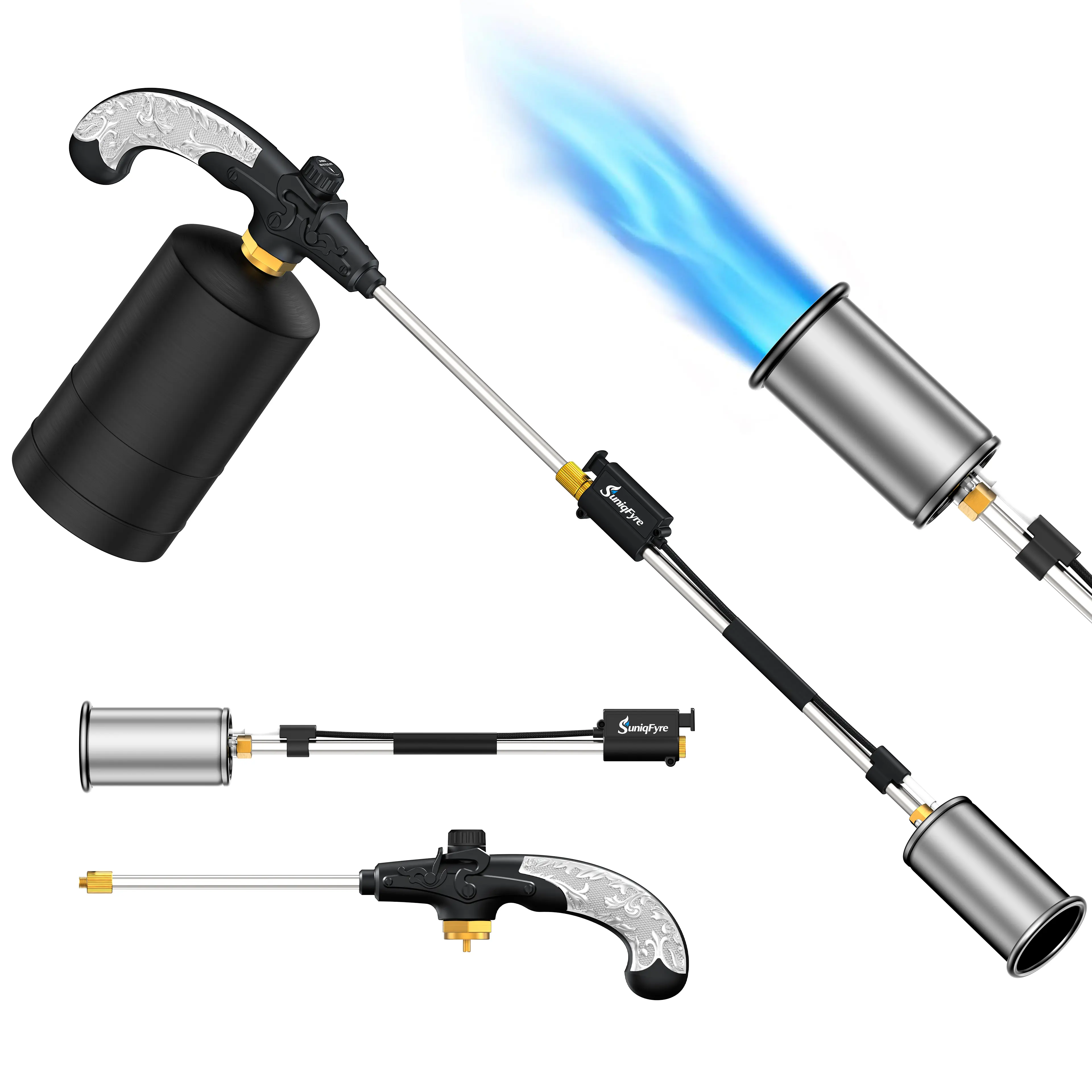 Suniqfyre Propane Torch Weed Burner Kit- Adjustable Flame Weed Burner with Detachable Handle & Piezo Trigger Self Igniting for Garden, Wood, Ice, Snow, Melting, (Propane Tank Not Included)