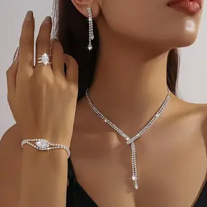 An Elegant Jewelry Set With 1 Pair Of Earrings And A Necklace, Silver Plated And Inlaid With Crystals, Fashionable Teardrop-shaped Evening Party Decoration, Exquisite Birthday Gift