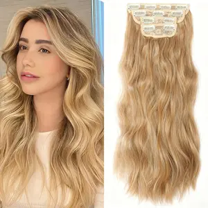 Clip in Synthetic Hair Extensions Long Wavy 4PCS Thick Hairpieces Ash Blonde Highlighted Bleach Blonde Fiber Double Weft Natural Hair Extensions 20 Inch for Women