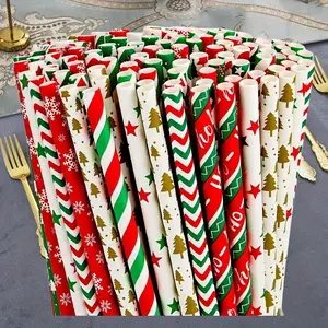 Disposable Paper Straws, 25/100pcs Random Color Christmas Themed Party Straws, Party Supplies for Home Kitchen Picnic Wedding