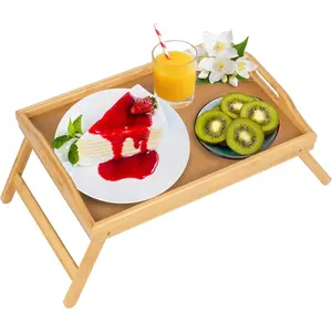 Folding Bamboo Bed Tray Table with Handles Breakfast Food Serving Tray for Sofa Bed Eating Drawing Lap Desk Snack Tray Medium