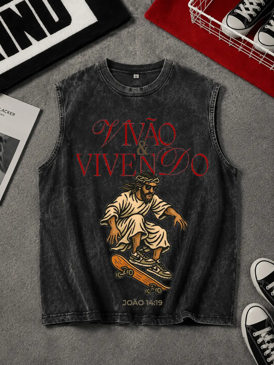Menswear ，Trendy Jesus Skate Print，Men's Vintage Gothic Oversized SleevelessGraphic Vest - Washed Black, Y2K Streetwear, SummerCasual Top singlets