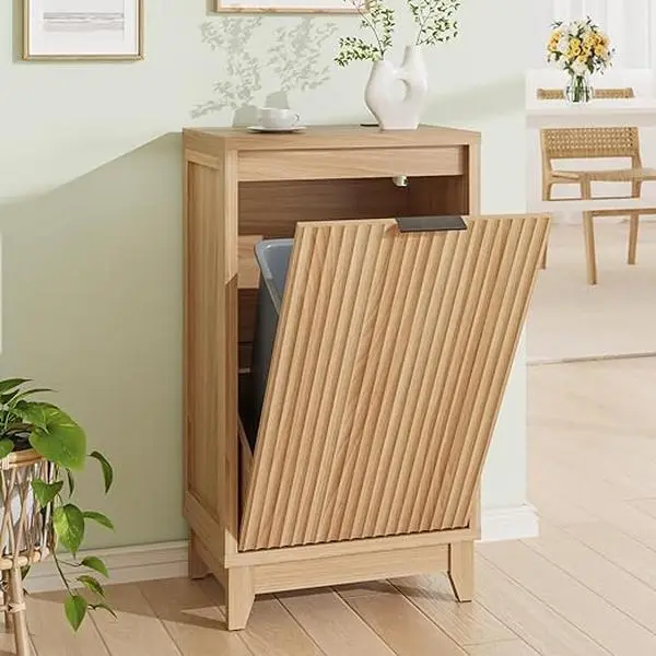 [Summergarden] Vabches Tilt Out Trash Can Cabinet with Odor Control, Outlets, Fluted Trash Cabinet 13 Gallon Hidden Bin Storage, Modern Kitchen Cabinet with Soft-Close Door, Laundry Hamper Cabinet for Bathroom