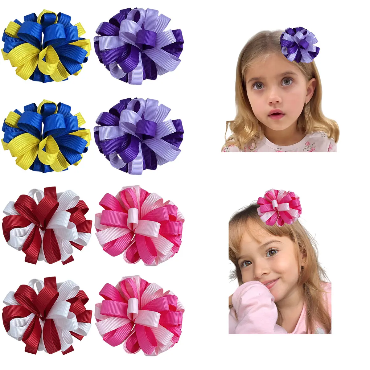 JoyBowie 8pcs Cute Two Tone Korker Bow Hair Clips for Girls, Handmade Pom Pom Curly Ribbon Bows with Alligator Barrettes, Toddler Hair Accessories for School, Birthday Party & Daily Wear