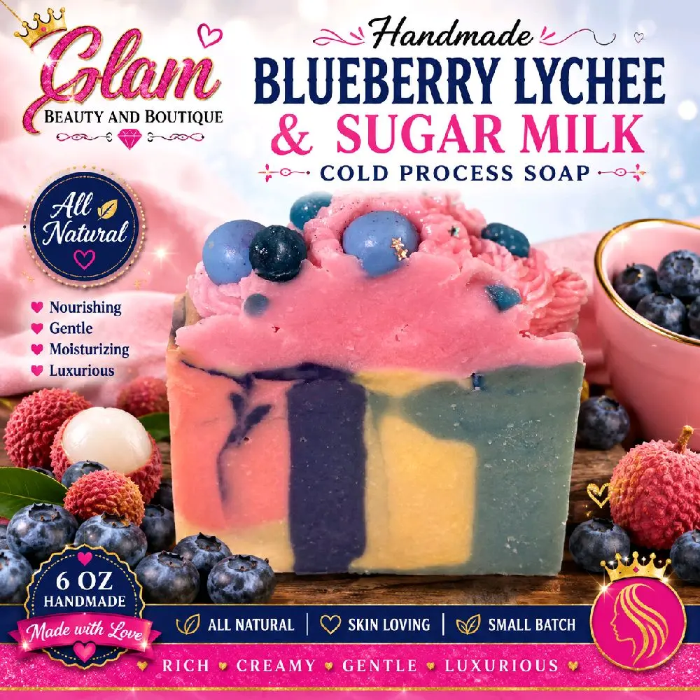 Blueberry Lychee & Sugar Milk Cold Process Organic Body Care Cleanser - Body Bar with Shea Butter & Goat Milk, Gentle Moisturizing for All Skin Types, 6 oz, All Natural Ingredients, Hydrating, Fragrance, Scent, Soap,