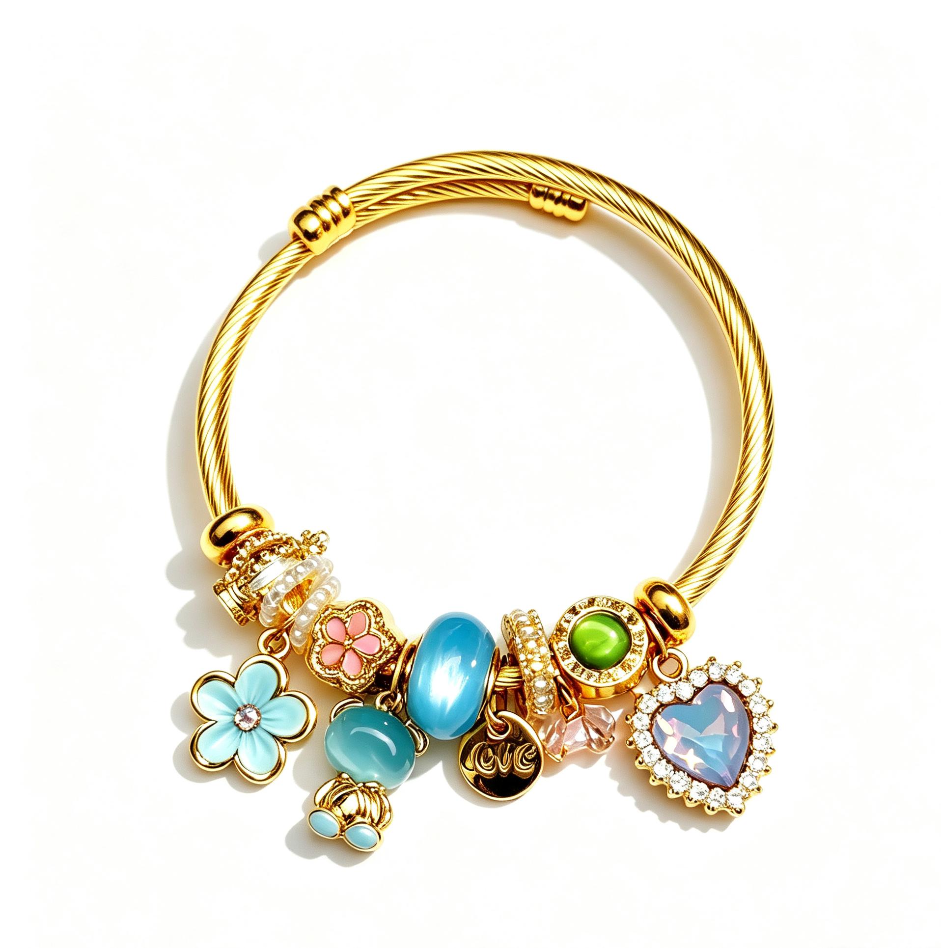 Adjustable Open Cuff Charm Bracelet for Women, 2 Styles Pink & Sky Blue Enamel Bead Bangle with Rhinestone Heart Charms, Gold Twisted Wire Flexible Bracelets Jewelry Gift for Daily Wear