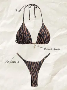 KULANI Springbreak Women Beach Outfit, Random Print Spaghetti Strap Metal Decor Sexy Bikini Set For Summer Beach Vacation