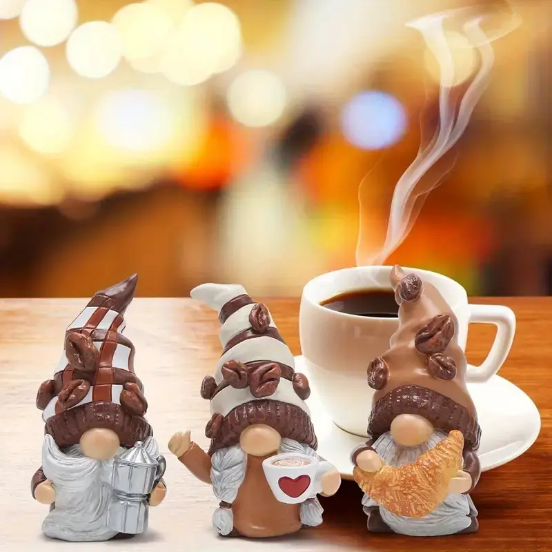 3pcs Resin Coffee Gnome Statues, Whimsical Chocolate & Coffee Theme Sculpture Desk Decor, Decorative Sculptures, Decorative Figurines, Unique Poses, Durable Indoor Outdoor Decoration Items