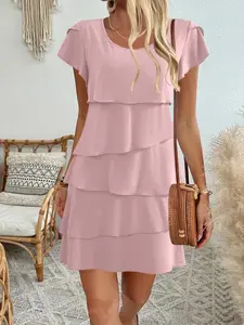 Summer Casual Fashion Women's Dress, Elegant Sequin Cake Design, Loose Fit Slimming, Pure Color Round Neck Flutter Sleeves, Womenswear