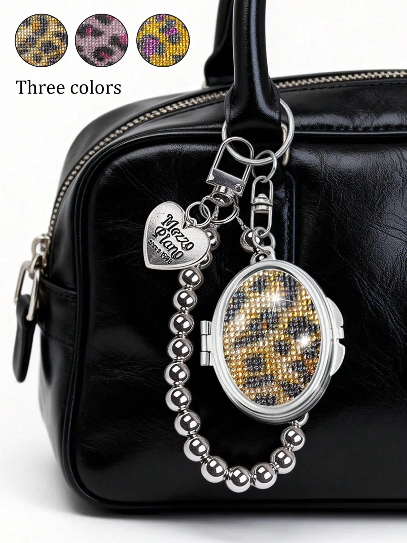 Shiny Rhinestone Double-Sided Metal Folding Mirror Keychain for bags with Silver Color Bead Chain, Stylish Leopard Print Portable Makeup Mirror, Heart-Themed Accessories, Fashion Keychain
