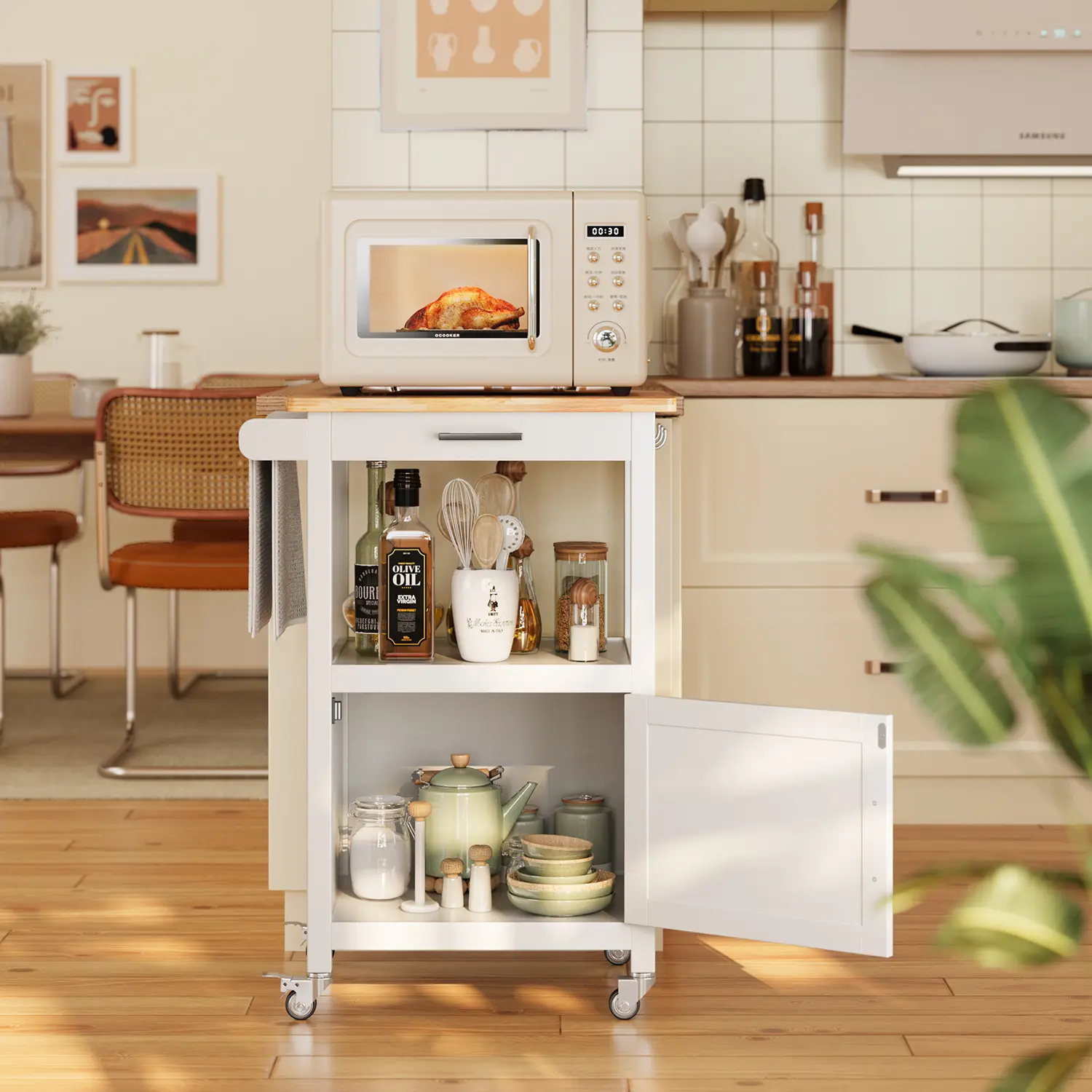 Gizoon Rolling Kitchen Island Cart with Drawer, Storage on Wheels, Small Home Coffee Bar, Microwaves Stand, Table/Cabinet and Side Hook, Apartment Furniture, Small Space
