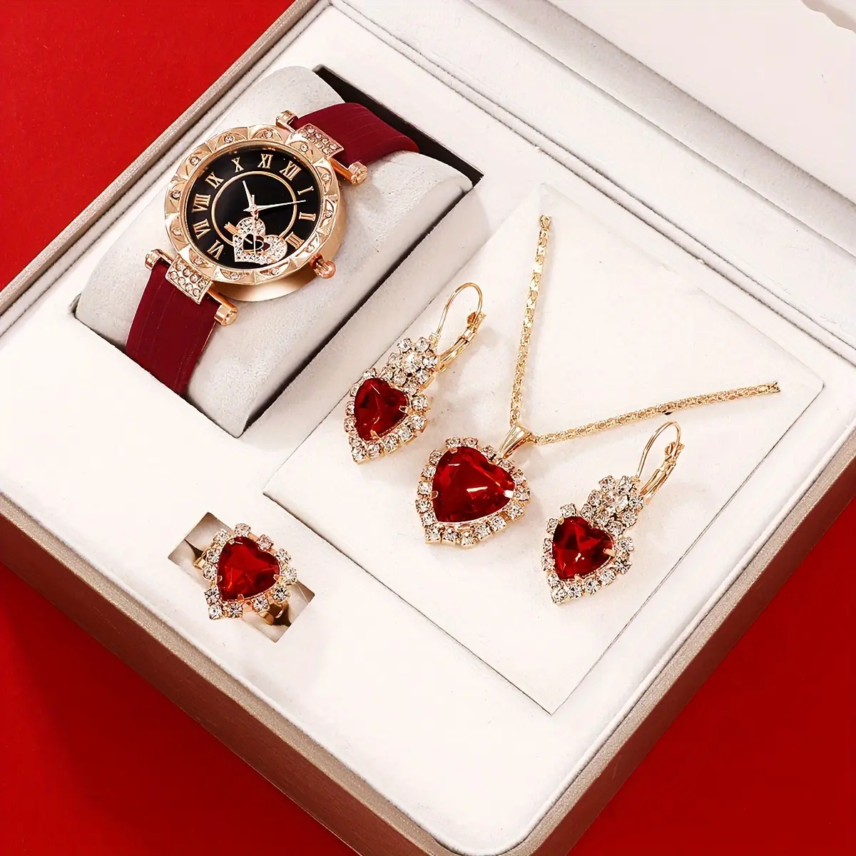 Women's 5-Piece Sparkle Jewelry Gift Set with Box - Round Quartz Watch (PU Leather Strap, Timer), Rhinestone Necklace, Earrings - Gifts for Women, Ideal for Mother's Day, Birthdays