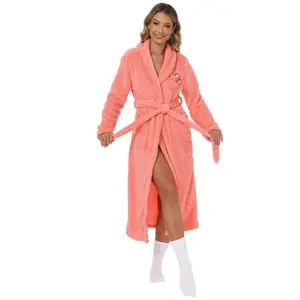 New Fall/Winter Flannel Robe with Embroidered Heart, Long Nightgown, Coral Fleece Thickened Bathrobe, Warm Home Wear for Women