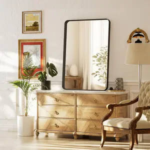 Black mirror for wall 24 x 36 metal framed bathroom vanity mirror rounded rectangle tempered glass wall mirrors antirust hangs vertically or horizontally