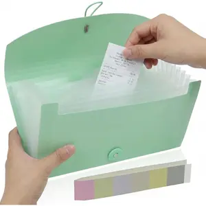 Portable 13-Pocket Receipt &  Organizer, Small Expanding Accordion File Folder with Labels, Long Ticket Size Holder for Bills, Checks, and Travel Documents (10.2" x 5.5"), Green