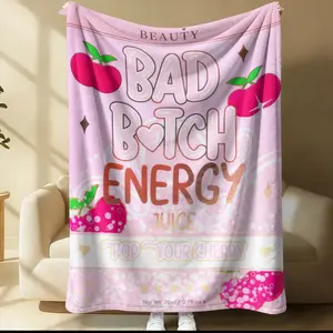 Bad Bitch Energy Flannel Blanket, Y2K Coquette Funny Slogan Cherry Popsicle Throw Blanket, Ultra Soft Warm Blanket for Teen Girls Women, Cute Girly Aesthetic Gift Blanket, Cozy for Couch Bed Sofa Bedroom Dorm