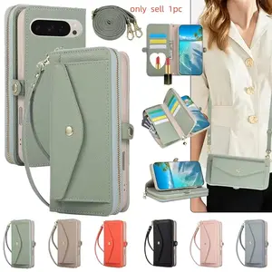 Crossbody Leather Zipper Wallet Phone Case Casing for Google Pixel 10 Pro XL Pro 9 9A 8 8A 7 7A 6 6A Flip Cards Cover