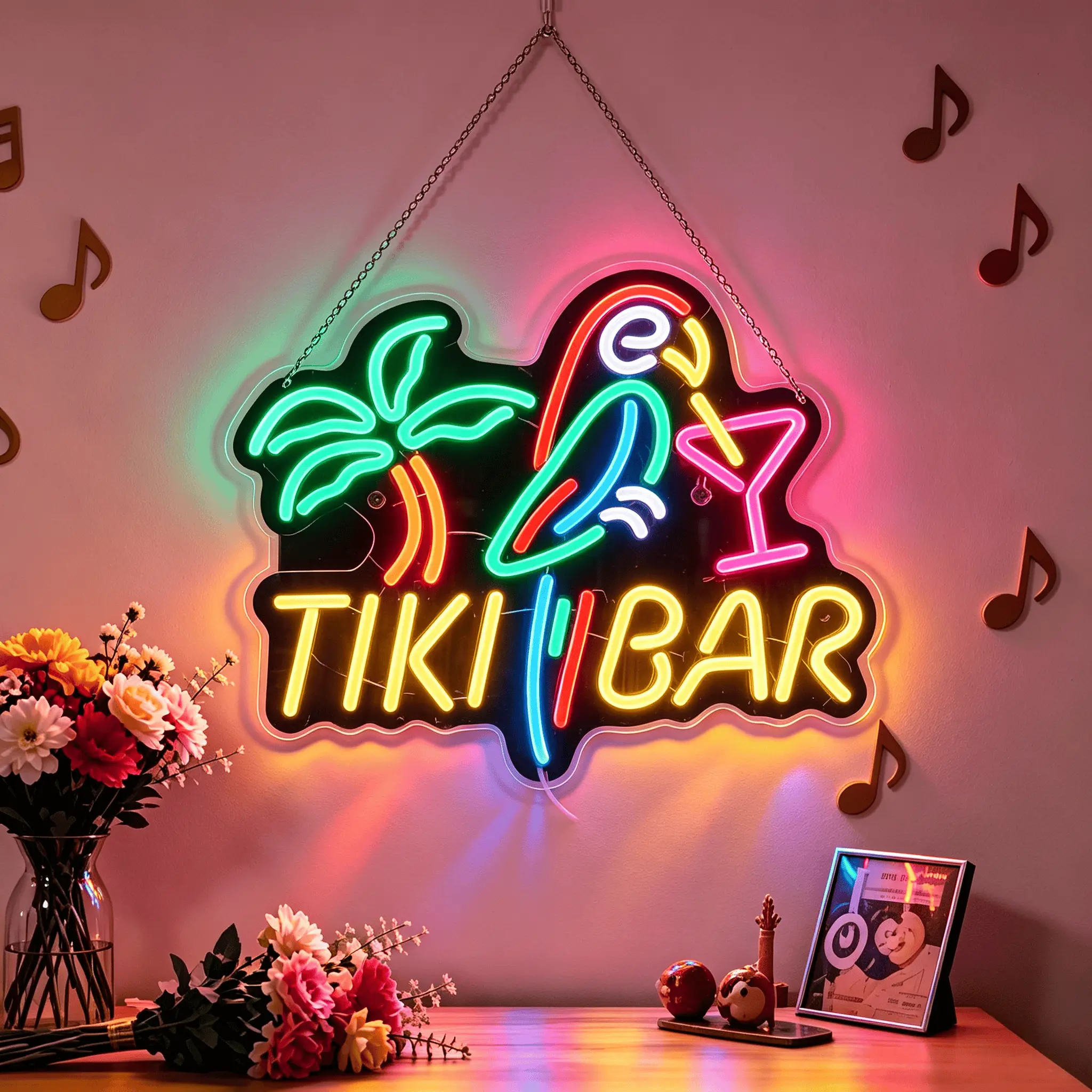 Tiki Bar LED Neon Sign - 42.5x33cm Multi-Color Tropical Parrot Palm Cocktail Design, Dimmable USB-Operated Plastic Ambient Glow Light, Easy-to-Hang Contemporary Home Decor Lighting for Home Bar, Housewarming Gift