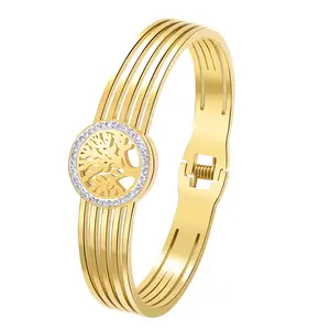 OIDEA Tree of Life Cuff Bangle for Women, Round Hollow Rhinestone Diamond Pave Stainless Steel Bracelet, Anniversary Family Jewelry Gift