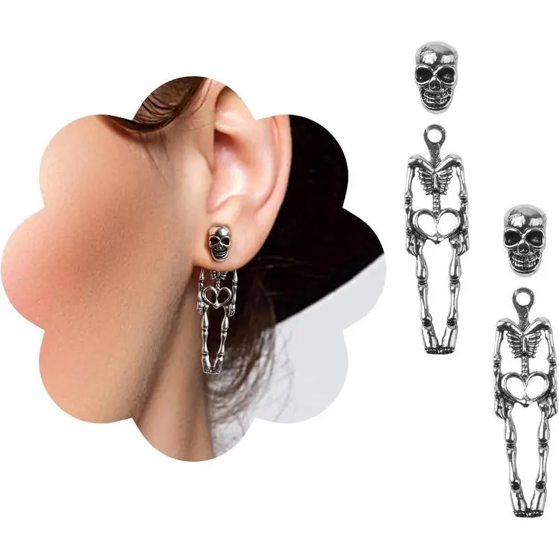 Vintage Antique Silver Skeleton Dangle Earrings for Women, Gothic Hollow Heart Bone Skull Drop Earrings, Spooky Halloween Cosplay Trick or Treat Party Jewelry, Punk Dark Aesthetic Piercing Earrings Gift