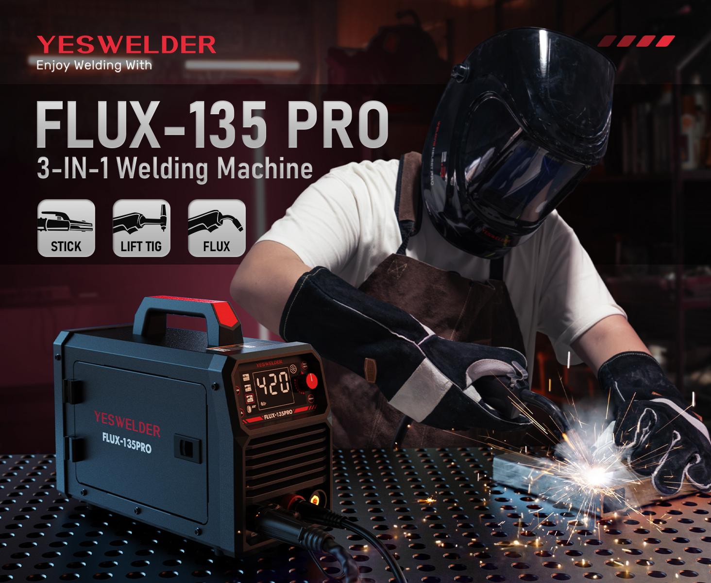 YESWELDER FLUX-135PRO 135Amp 110V Flux Core MIG Welder, Gasless MIG/Lift TIG/Stick 3-in-1 Welding Machine, Digital Display DC IGBT Synergic Control