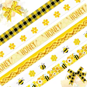 6 Rolls 30 Yards Bumble Bee Ribbons Flower Ribbons Honey Decorative Grosgrain Ribbons Black Yellow Buffalo Plaid 3/8" Ribbons for Spring Gift Wrapping Crafts Bee Holiday Party
