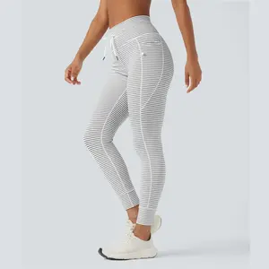 Halara High Waisted Drawstring Striped Yoga Leggings with Pockets