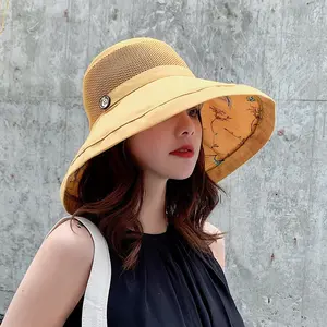 Panama Patchwork Wooden Button Sun Hat Double Layered Floral Print Fresh Artistic Fisherman Hat for Casual Outings Comfortable & Distinctive