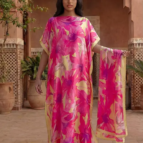 Women's Floral Print Robe Set, Spring Summer Thin Loose Fit, Elegant Shawl Scarf, Beach Sun Protection Satin Silk Wrap, Beach Cover Ups, Beachwear Cover Up, Beach Coverups