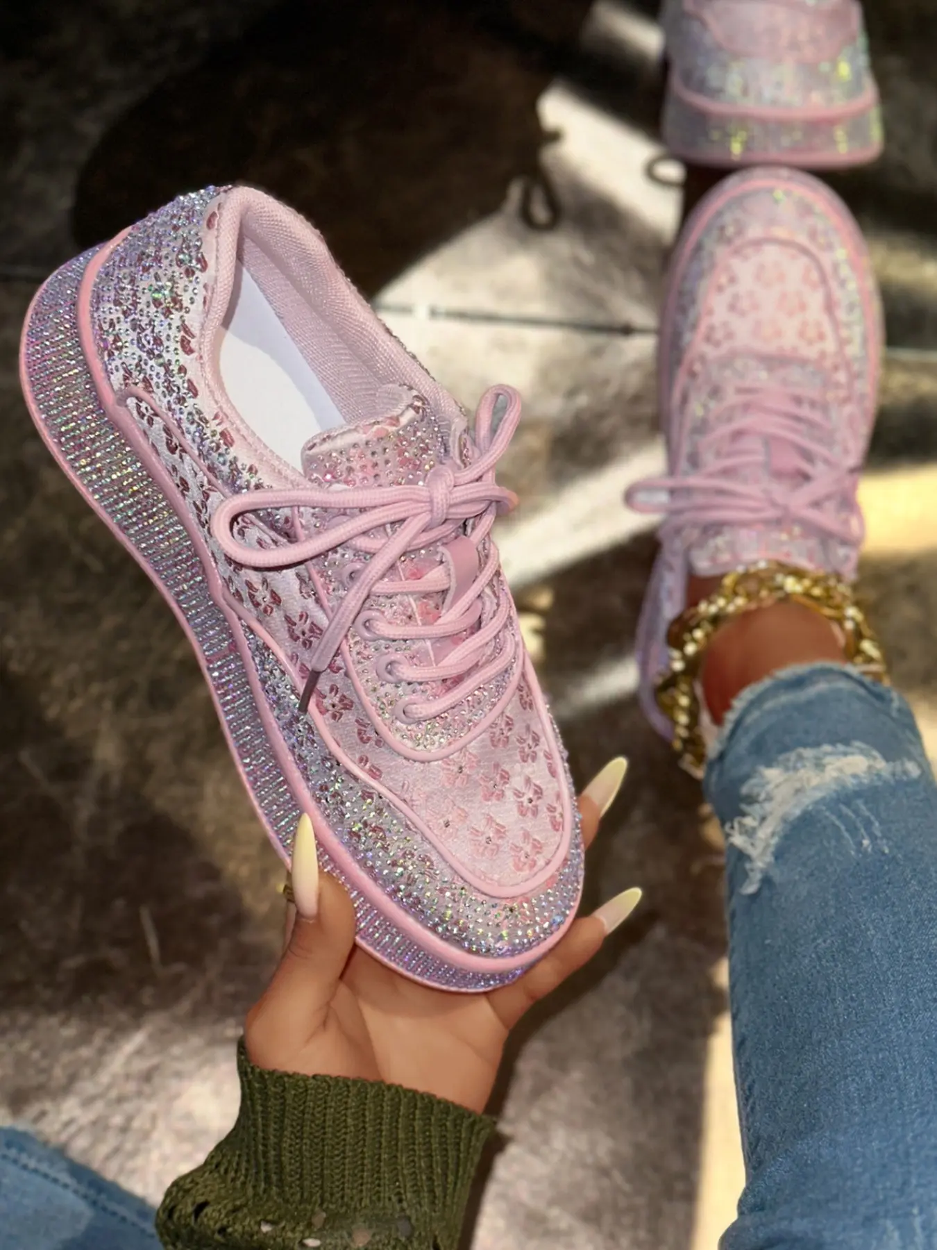 Trendy Rhinestone Mesh Thick Sole Shoes for Women, 2026 Summer Breathable Versatile Full Rhinestone Platform Sneakers, Thick Soled Sneakers, Casual Sneakers, Fashionable Versatile Sneakers