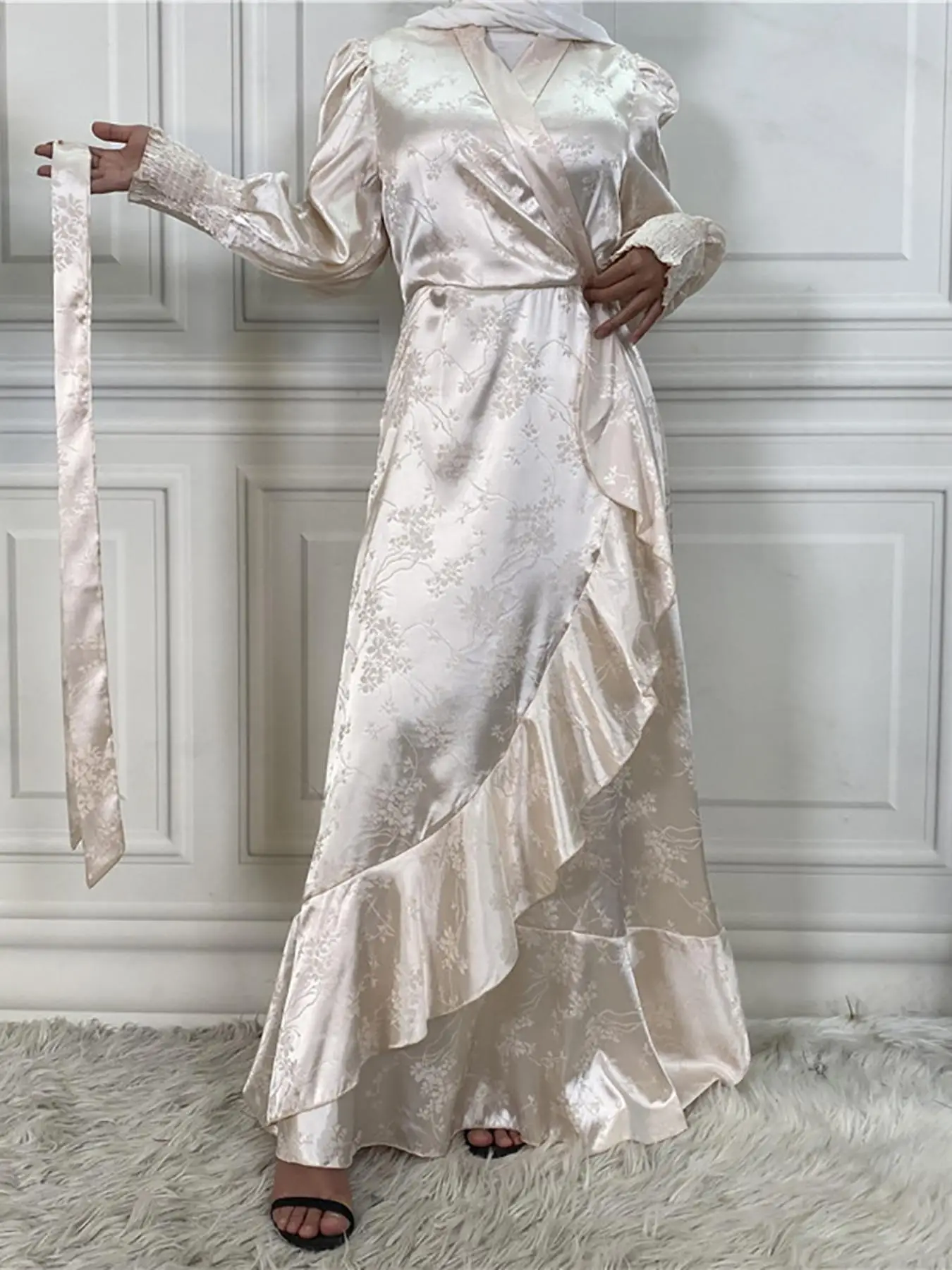 Women's Floral Jacquard Belted Wrap Ruffle Trim Satin Dress, Elegant Bishop Sleeve Shirred V Neck A Line Dress for Party Holiday Wedding Guest, Women'