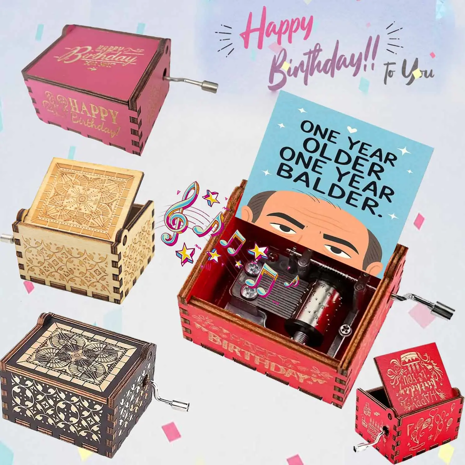 1pc Humorous Bald Man with Star Decorations Vintage Wooden Hand-Cranked Music Box, Play Happy Birthday Tune, 4 Colors are Available, Birthday Gifts for Family and Friends, Home Decor Item, Musica